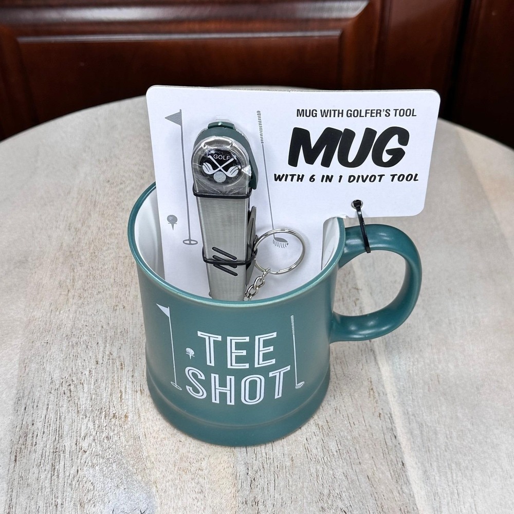 Tee Shot Golf Mug With 6-in-1 Divot Tool Festive Voice Green 12 oz New